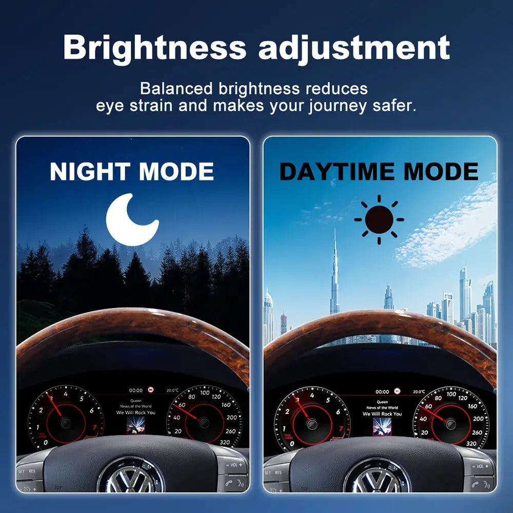 Joyeauto 12.3-inch Linux LCD digital instrument cluster for Volkswagen Phaeton with automatic brightness adjustment and day/night display modes