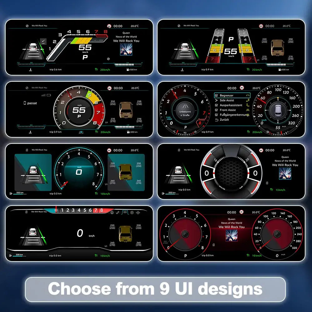 9 UI design themes for Joyeauto 12.3-inch Linux LCD digital instrument cluster for Volkswagen Touran L 2016-2022
